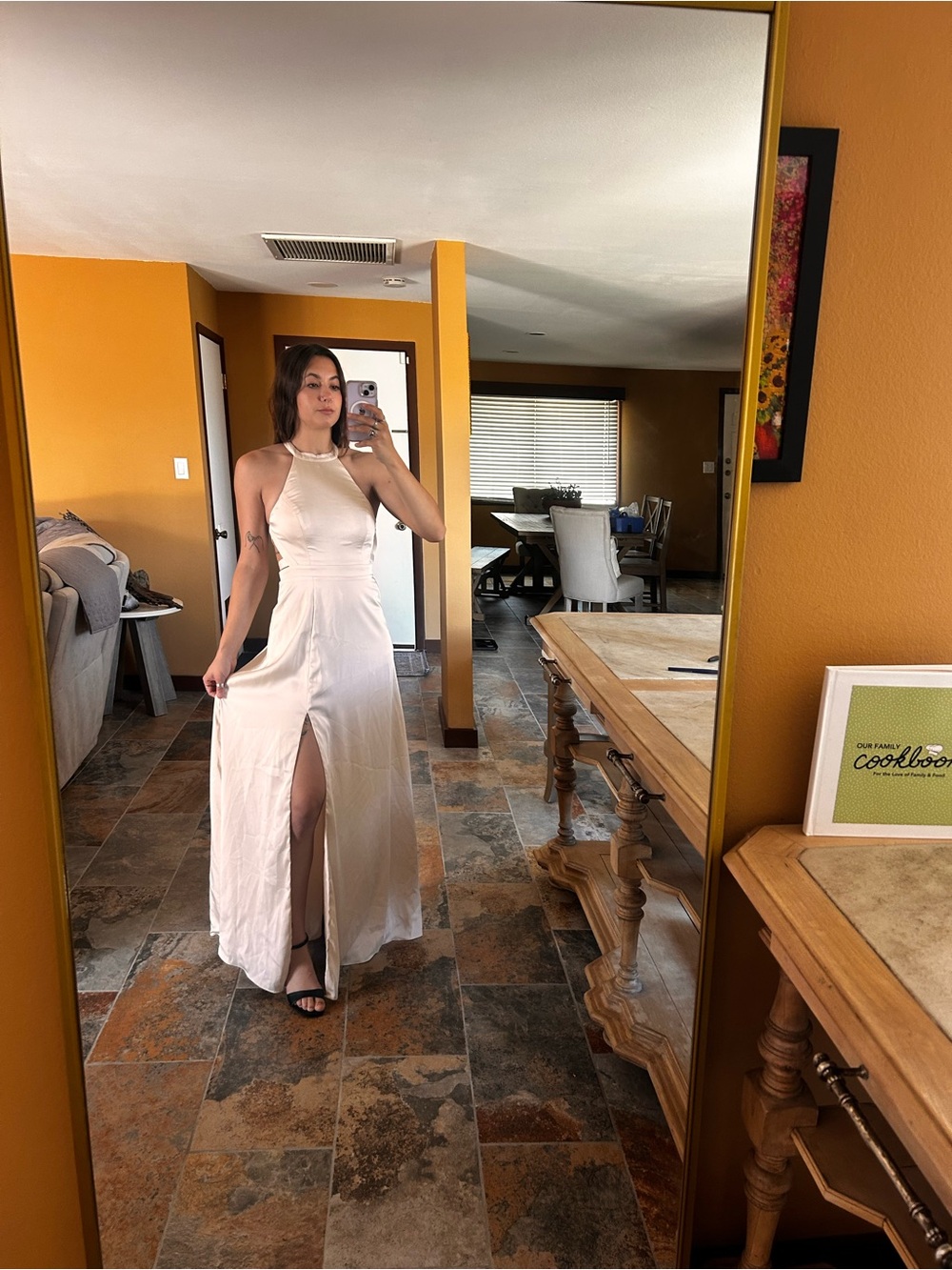 Azazie Champagne Satin Formal Dress Size A2 Open Back High Slit Bridesmaid Gown